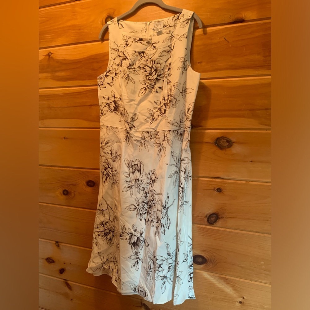 Ann Taylor Loft Dress Womens 12 Fitted Day Dress Ivory Floral Linen Blend  Zip